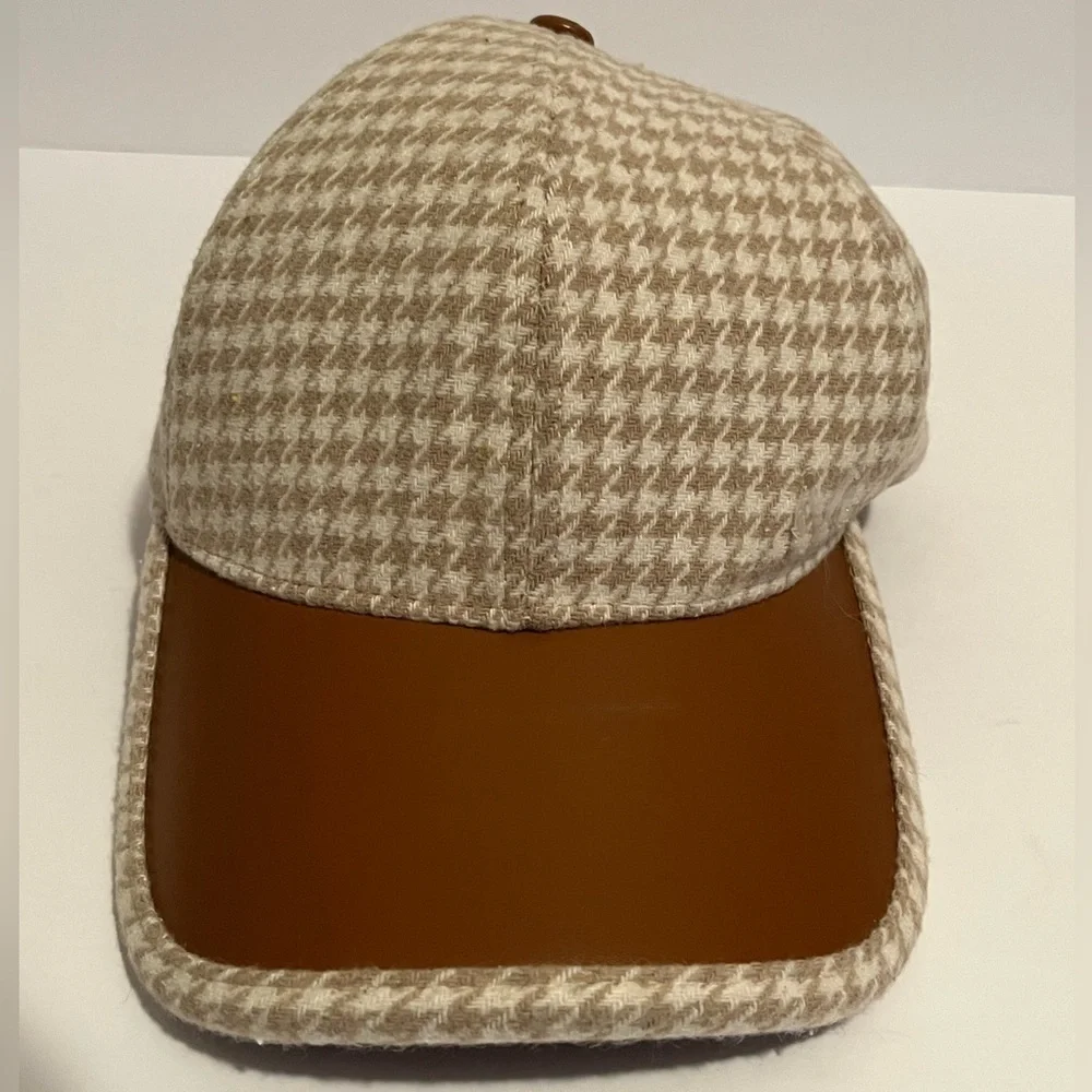 Houndstooth Baseball Cap, PU Leather Brim